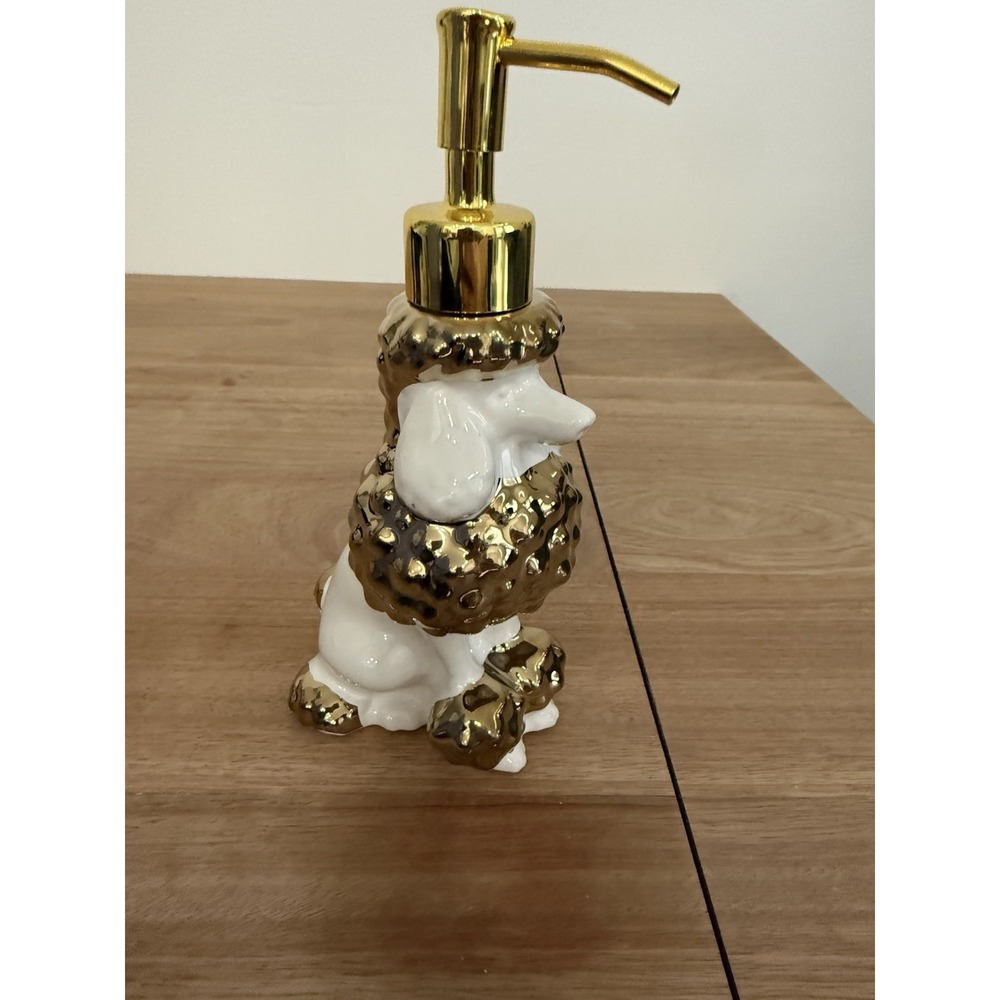 NEWHENGS Poodle Dog Ceramic Soap Lotion Dispenser Gold White w/ Box